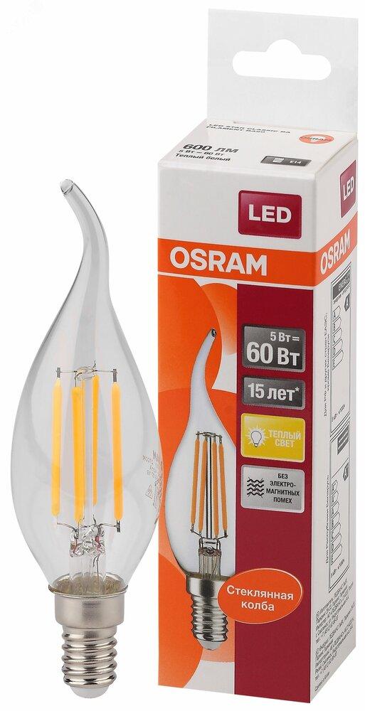 Фото №2 Лампа светодиодная LED 5Вт E14 CLB60 тепло-бел, Filament прозр.свеча на ветру OSRAM (4058075212336)