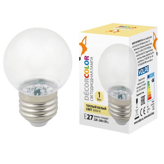 Фото №2 LED-G45-1W/3000K/E27/CL/С Лампа декоративная      светоддиодная. Форма шар, прозрачная. Теплый белыйсвет (3000K). Картон. ТМ Volpe. (UL-00005807)
