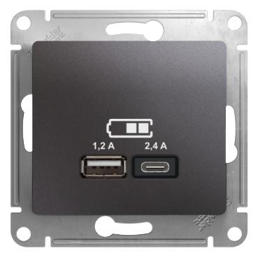 Фото №2 GLOSSA USB РОЗЕТКА A+С, 5В/2,4А, 2х5В/1,2 А, механизм, ГРАФИТ