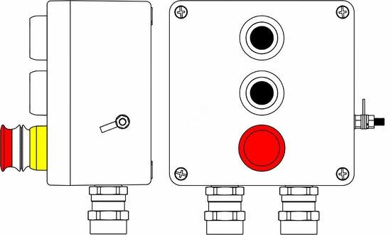 Фото №2 Пост управления взрывозащищенный из GRP. 1Ex d e IIC T6 Gb X/Ex tb IIIB T80C Db X/IP66. Аварийная кнопка красная, 1NC/1NO-1шт. Кнопка черная,1NC/1NO-2шт. С: ввод D5,5-13мм под бронированный кабель, Ni-2шт. (2231.051.19.00T)