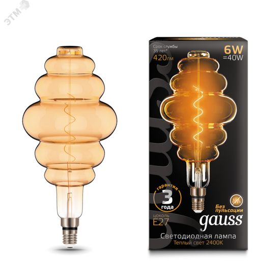 Фото №3 Лампа светодиодная LED 6 Вт 420 Лм 2400К теплая Е27 Honeycomb golden flexible Filament Gauss (158802006)