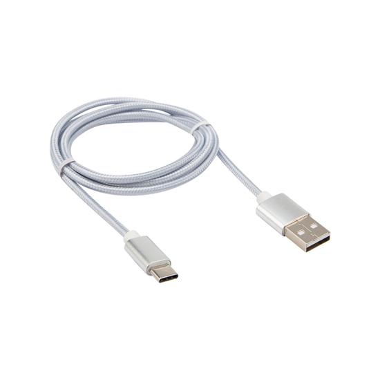 Фото №2 Кабель USB-Type-C, 2,4A, nylon, silver, 1mУстройство зарядное (etm18-1884)