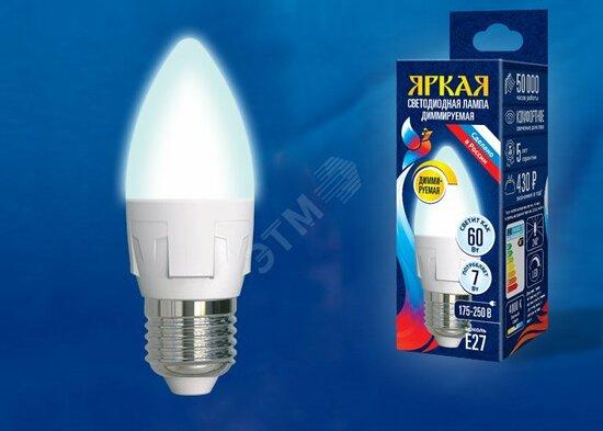 Фото №2 LED-C37 7W/4000K/E27/FR/DIM PLP01WH Лампа светодиодная, диммируемая. Форма «свеча», матовая. Серия Яркая. Белый свет (4000K). Картон. ТМ Uniel. (LED-C37 7W/4000K/E27/FR/DIM)