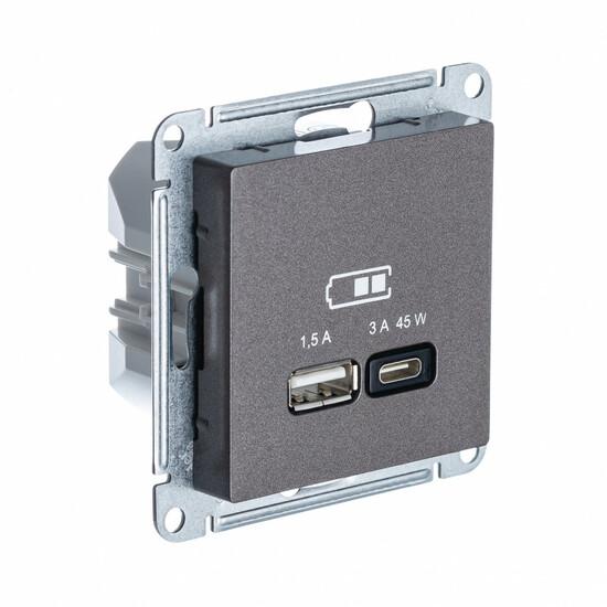 Фото №2 ATLASDESIGN USB РОЗЕТКА A + тип-C 45W высокоскор.заряд. QC, PD, механизм, МОККО (ATN000629)