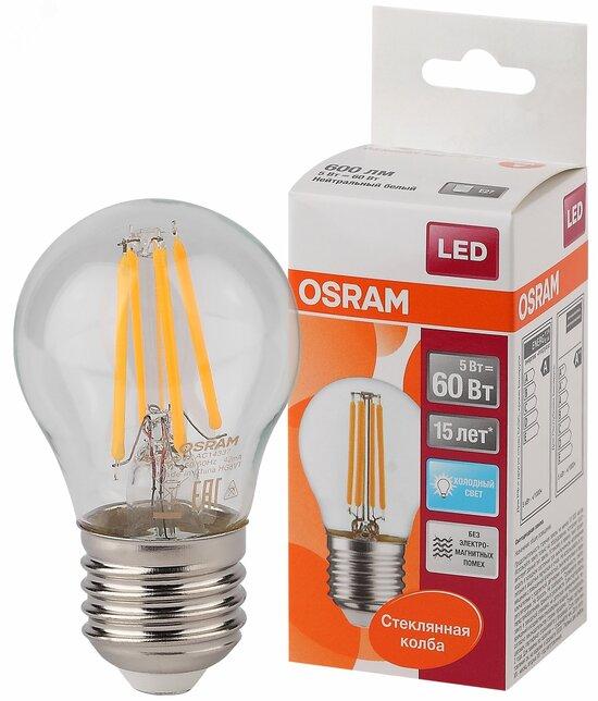 Фото №2 Лампа светодиодная LED 5Вт E27 CLP60 белый, Filament прозр.шар OSRAM (4058075212541)