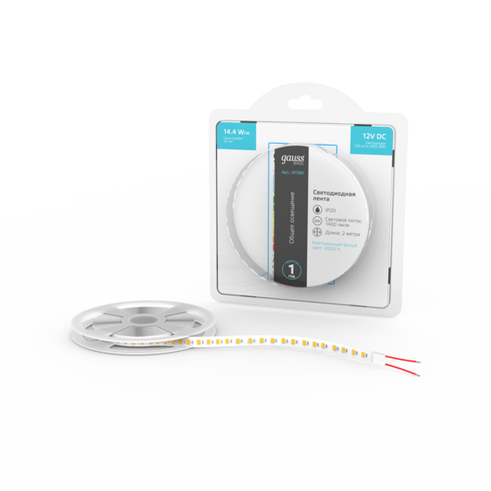 Фото №3 Лента светодиодная LED 14,4 Вт/м 1400 Лм/м 2835-SMD 120 шт/м 12 В DC 4000К нейтральный белый IP20 блистер (2 м ) Basic Gauss (BT081)