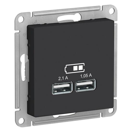 Фото №2 Розетка ATLASDESIGN USB 5В 1 порт x 2,1 А 2 порта х 1,05 А механизм карбон (ATN001033)