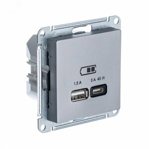фото ATLASDESIGN USB РОЗЕТКА A + тип-C 45W высокоскор.заряд. QC, PD, механизм, СТАЛЬ (ATN000929)