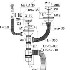 фото Сифон ЭЛИТ для двойной разноуровневой мойки с нержавеющими чашками D114 мм с отводом для стиральной или посудомоечной машины с круглым переливом 3'1/2 - D40 и с гофротрубой L800 мм (30987097)