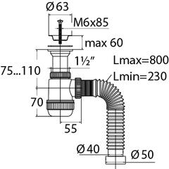 фото Сифон МИНИ ЭЛИТ для раковин 1'1/2 x 40/50 мм с нержавеющей чашкой 63 мм и с гофротрубой L800 мм, литой выпуск (30980678)