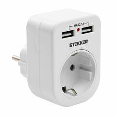 фото Переходник сетевой с/з c 2 USB 2,1А, STEKKER, 250В, 16A, IP20, белый (ADP16-24-20)