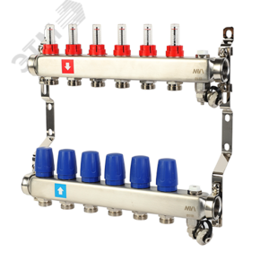 фото Коллекторная группа с расходомерами 1' х 6 выходов 3/4' НР евроконус с дренажным краном и воздухоотводчиком (MS.706.06)