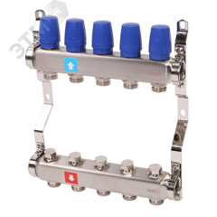 фото Коллекторная группа с ручными регулировочными клапанами 1' х 5 выходов 3/4' НР евроконус (MS.405.06)