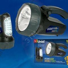 фото S-SL017-BA Black Фонарь TM Uniel, серия Стандарт «Distance light - Double force». Пластиковый корпус. 1W LED + 15 LED, 3,7V, 1000mAh Lithium. Упаковка цветной короб (SSL017BAB)