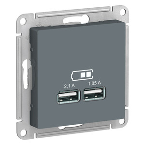 фото Розетка ATLASDESIGN USB 5В 1 порт x 2,1 А 2 порта х 1,05 А механизм грифель (ATN000733)