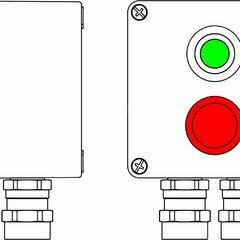 фото Пост управления взрывозащищенный из алюминия. 1Ex d e IIC T6 Gb X/Ex tb IIIB T80C Db X/IP66. Аварийная кнопка красная, 1NC/1NO-1шт. Кнопка зеленая, 1NC/1NO-1шт. С: ввод D5,5-13мм под бронированный кабель, Ni-2шт. (2201.121.19.03L)
